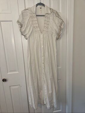 Free People ~ Ivory Button-Front Maxi Dress with Embroidered Puff Sleeves